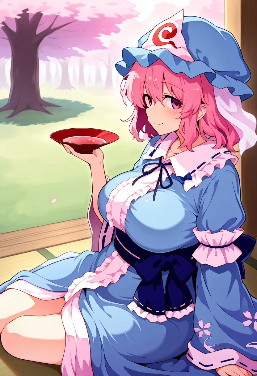 detailed, absurdres, highres, masterpiece, best quality, amazing quality, 1girl, solo, saigyouji_yuyuko, Touhou, pink_hair, short_hair, pink_eyes, large breasts, hat, mob_cap, japanese_clothes, kimono, blue_kimono, blue_hat, long_sleeves, wide_sleeves, frilled_kimono, triangular_headpiece, frills, sash, ear, sideways glance, smile, sitting, sakazuki, holding_cup, cherry blossoms,