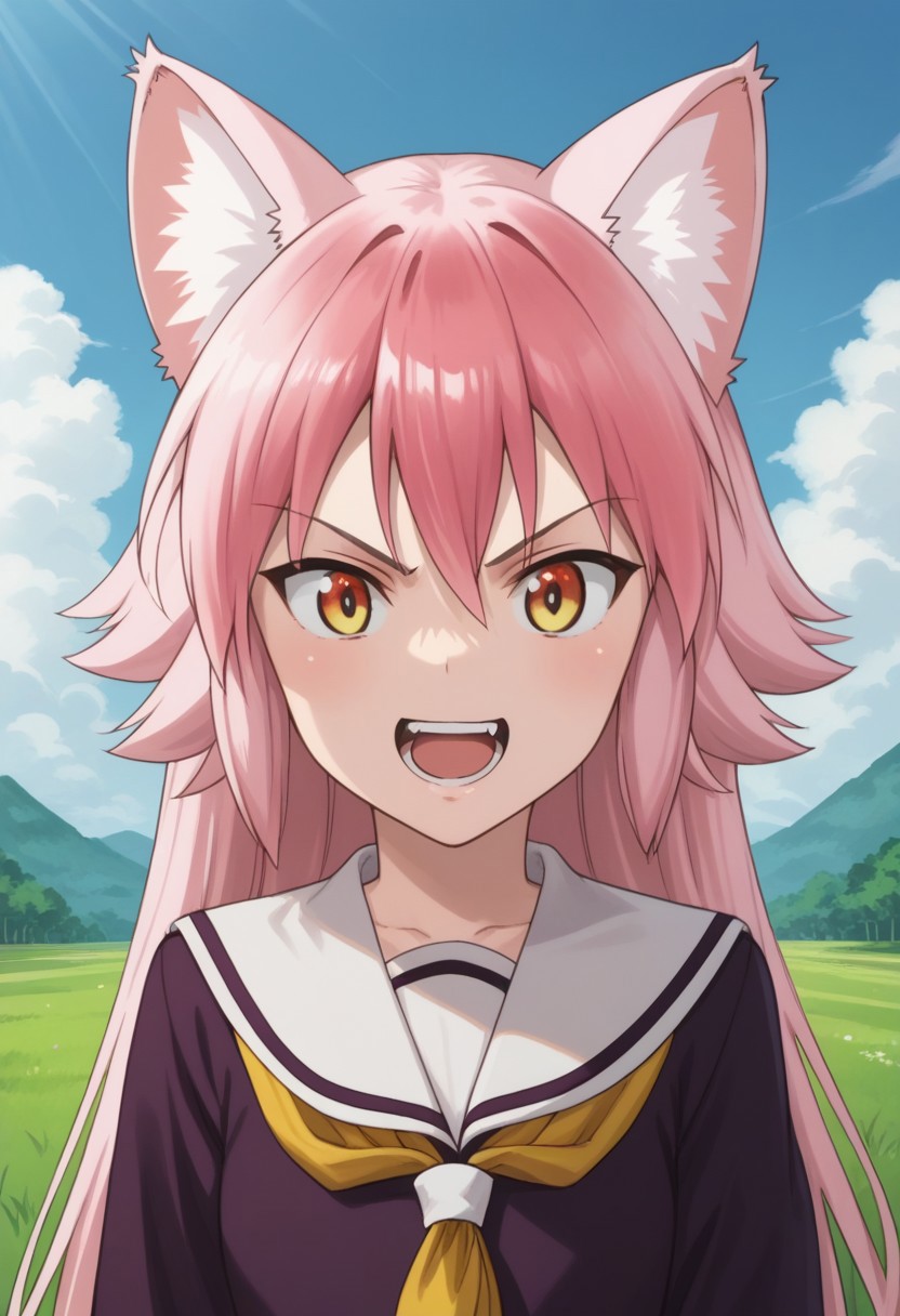 score_9, score_8_up, source_anime, highly detailed, 
ranka, 1girl, animal ears, wolf girl, wolf ears, wolf tail, tail, school uniform, solo,
pink hair, skirt, upper body, long hair, animal ear fluff, serafuku, smile,
pleated skirt, open mouth, neckerchief, angry, teeth,
outdoor, sky, grass,