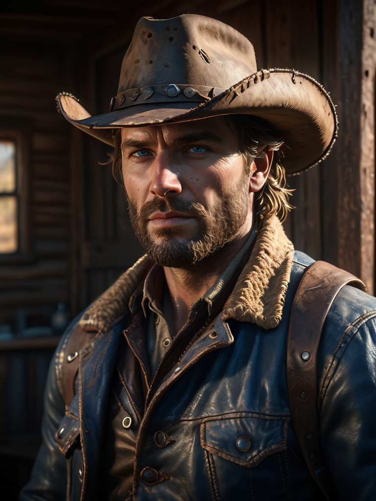 Hyper-realistic portrait of Arthur Morgan, weathered and rugged face, intense gaze, scruffy beard, furrowed brow, rugged cowboy hat casting dramatic shadows, worn leather jacket with intricate details, stubble, individual strands of hair, piercing blue eyes, high-quality textures, Leica 50mm lens, ISO 800, chiaroscuro lighting, golden hour ambiance