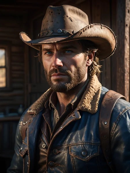 Hyper-realistic portrait of Arthur Morgan, weathered and rugged face, intense gaze, scruffy beard, furrowed brow, rugged cowboy hat casting dramatic shadows, worn leather jacket with intricate details, stubble, individual strands of hair, piercing blue eyes, high-quality textures, Leica 50mm lens, ISO 800, chiaroscuro lighting, golden hour ambiance