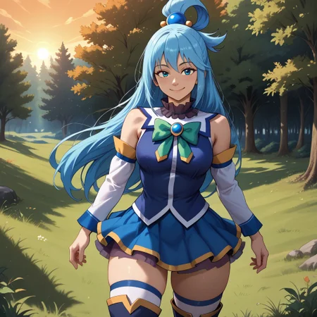 score_9, score_8, BREAK, solo, girl,aqua (konosuba), kono subarashii sekai ni shukufuku wo!,blue hair,long hair,hair rings,single hair rings,blue shirt,blue skirt,hair ornament,bare shoulder,green bow,detached sleeves, thighhighs,thigh boots, sexy pose, self portrait, smile, outdoors, sunlight, shadows, evening lighting, natural lighting, forest, trees, grass, orange sky, sunset