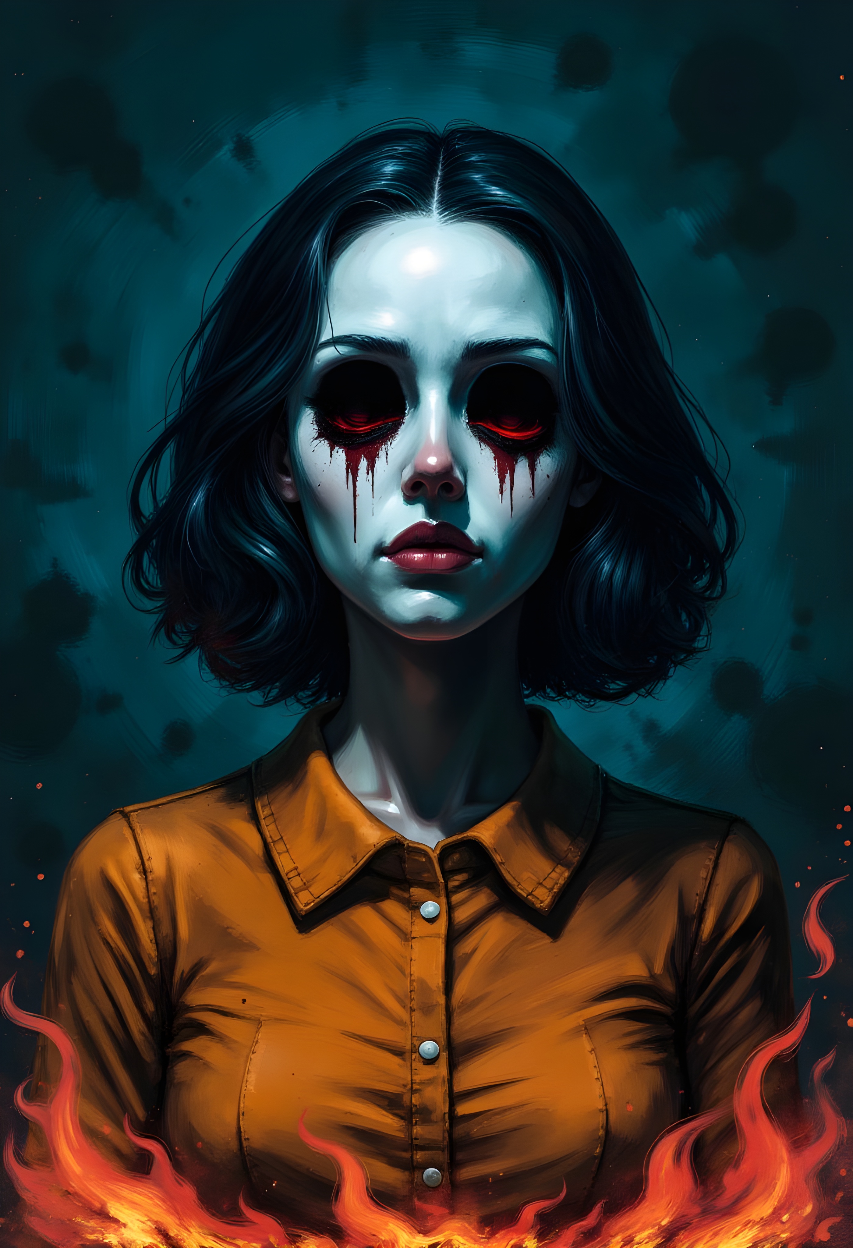 cinna flow, Close-up portrait of a woman, with a pale porcelain mask. Dark, styled, wavy hair frames her face. Her expression is haunting and dreadful, with tear-like streaks of crimson red paint accentuating the eyes. Large, dark, empty eyes with smoke or steam rising from the sockets and significant crimson red bloodshot or weeping around them, give a haunting look. The figure wears a simple, muted burnt orange, long-sleeved dress with a collared neckline. The dress is completely covered in fire. The lighting is dramatic, focused on the face, creating deep shadows around the edges of the image. The background is a dark, shadowy indigo-navy blue, dotted with subtle speckled effects. The overall aesthetic of the piece is macabre and melancholic, with elements of a vintage or antique feel. Painterly and illustrative style with watercolor-like techniques, dramatic color palette, and moody atmosphere. Focus on the intense emotional expression of the subject. The composition is centered, close-up, with a direct gaze.