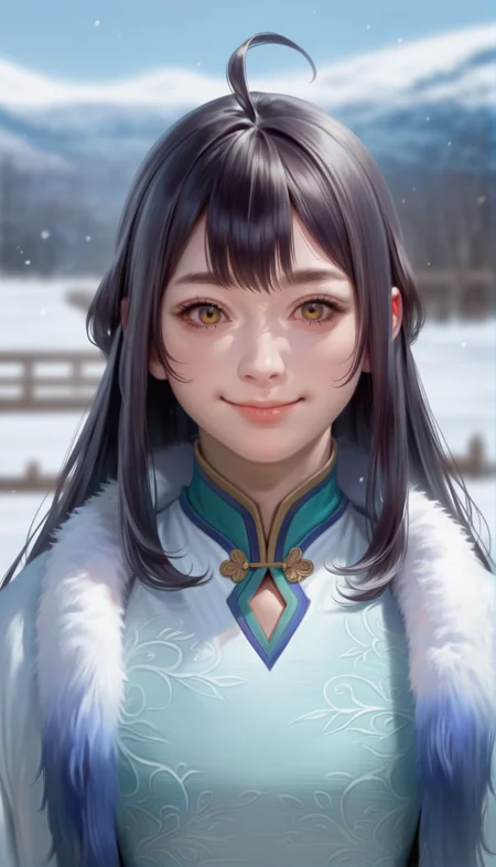 score_9,score_8_up,score_7_up,
<lora:xinxianying:0.9>,
xinxianying,
highres,photorealism,bloom,
1girl,solo,long black hair,bangs,ahoge,
yellow eyes,looking at viewer,smile,
white and cyan gown,fur cape,
upper body,hand on chesst,
blurry background,outdoors,winter,snowfield,light particles,