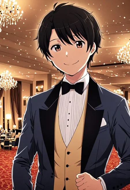 high resolution, solo, best quality, 1Boy, Inaho Kaizuka, Black Hair, luxury hotel, Ballroom, tuxedo, smile, confident, OverallDetail