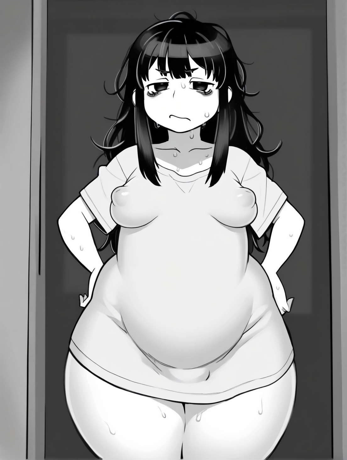 <lora:Kakuzatou_Doujinshi_Style_Illustrious_V1:1>, kakuzatou, monochrome, neet girl, chubby, bbw, petite breasts, puffy nipples under clothing, wide hips, grumpy, thin white oversized tshirt, no panties, standing in doorframe, pinup, long hair, messy hair, eyebags, tall, thick thighs, black hair, gloomy, dark room, sweaty, hands on hips,