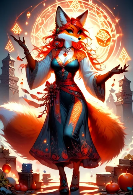 score_9, score_8_up, score_7_up, dancing dynamic pose,large breasts, slim waist, red hair, solo, anthro,fox,female,foxfolk,(red and orange fur, thick fur:1.3, extreamly detailed fur, soft fur), slim waist, peach ass, sorceress, cleavage cut out, magical robes,Glowing runes on robes,bare food, Glowing Runes ,Glowing Rune Circle, dynamic angle from back, looking back at viewer,full body image,magical athmosphere, realisitc,