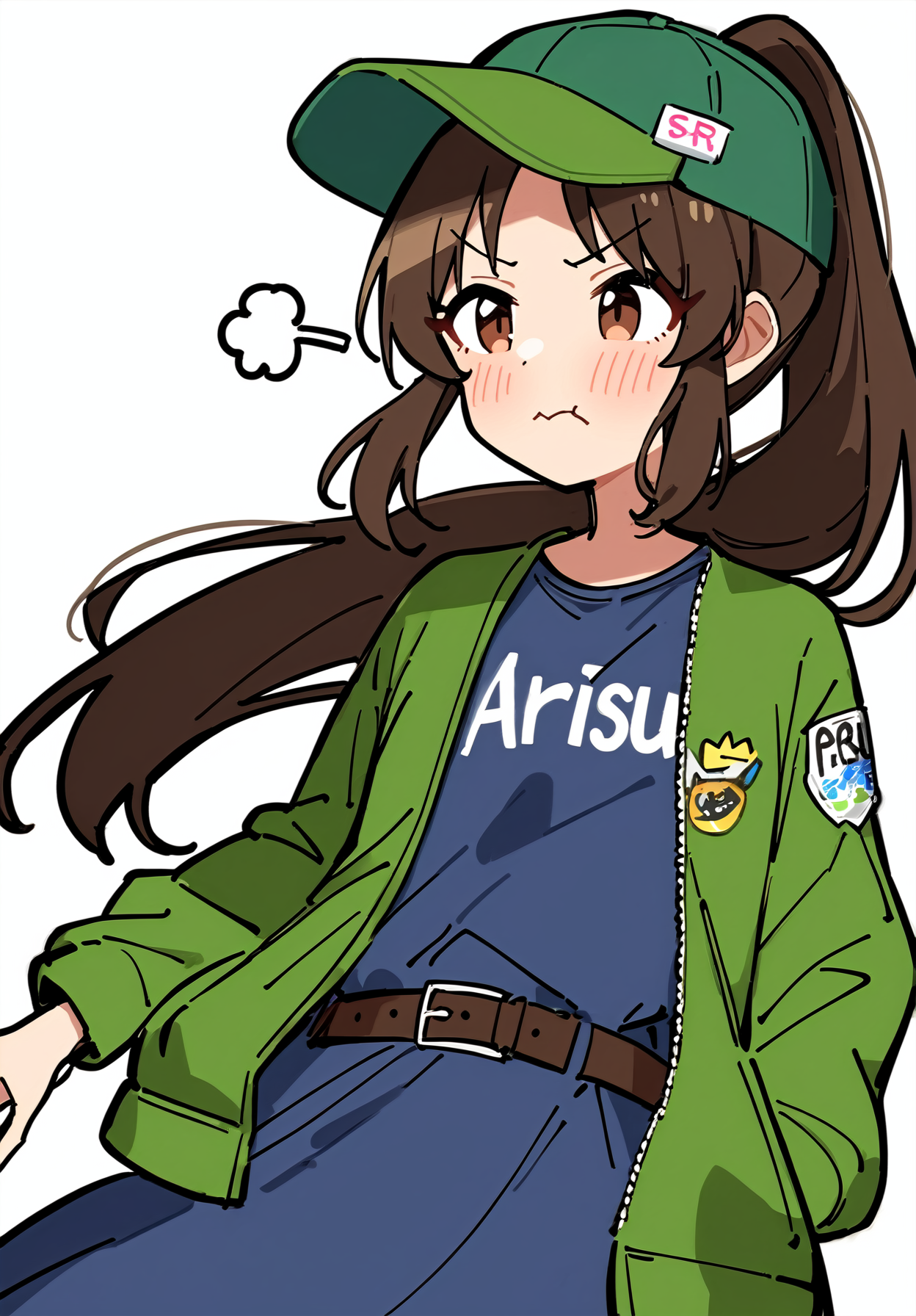 1girl, 
tachibana arisu, idolmaster, 
standing, brown eyes, clothes writing, hat, v-shaped eyebrows, solo, dress, long sleeves, puff of air, name tag, hands in pockets, blue dress, character name, baseball cap, blush, jagariko, parted bangs, sneer, simple background, looking to the side, ponytail, long hair, cowboy shot, belt, closed mouth, white background, brown hair, :s, casual, angry, green jacket, jacket, 
masterpiece, newest, absurdres, safe
 <lora:2080ti_ag31_tachibana_arisu-000007:1>
