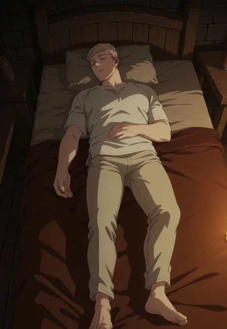 safe_pos, safe_pos, masterpiece, best quality, amazing quality, very aesthetic, absurdres, Dunmeshi_Laios,
1boy, solo, male focus, blonde hair, short hair, sleeping, CasualLaois, alternate costume, White shirt, Beige pants, barefoot, lying, on bed, bedroom, tavern, dark, night, on back, perspective