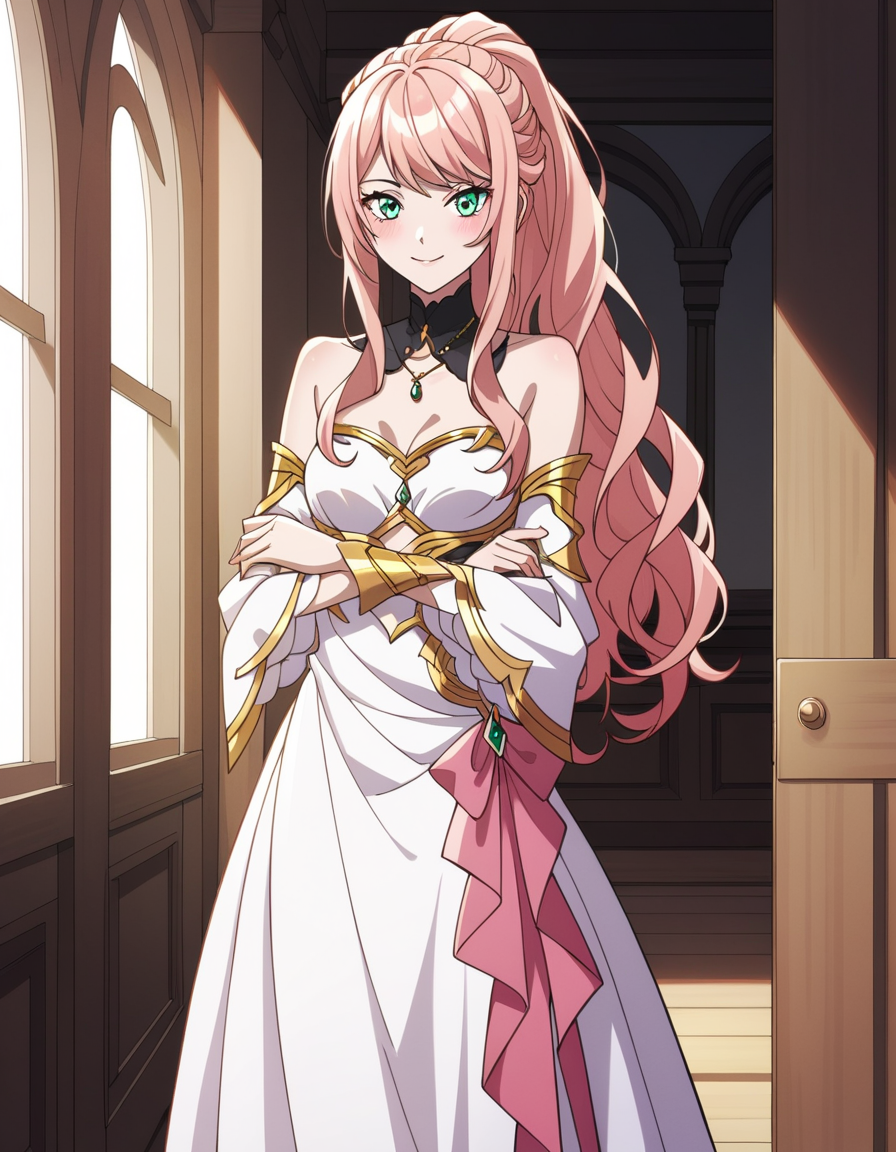 score_9, score_8_up, score_7_up, source_anime, uncensored, <lora:StS_detail_slider_v1:3>, zPDXLxxx, <lora:Lexia_Von_Arselia_PONYXL_VexVexX:1>, LexiaVonArselia, green eyes, pink hair, blonde hair, long hair, ponytail, wavy hair, bangs, makeup, medium-small breasts, dress, long dress, white dress, bare shoulders, jewelry, detached sleeves, detached collar, cowboy shot, bedroom, from front, Stand tall with legs apart, arms crossed over the chest, and gaze piercing forward with intensity, thighs, looking at view, smile,