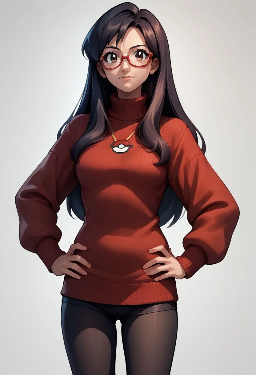 (source_anime, score_9, score_8_up, score_7_up:1), 1girl, solo, reikagami, reioutfit, sweater, black leggings, semi-rimless eyewear, hands on hips, looking at viewer, pokemon