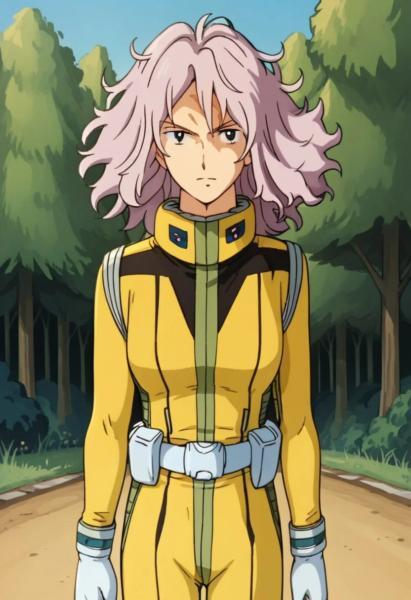 score_8, score_8_up, score_7_up, score_6_up, source_anime, retro artstyle, flat shading, flat color, 1970s \\(style\\)), vintage BREAK, 1girl, solo, female focus,, LAiden_CF, white hair, medium hair, messy hair, normal suit, pilot suit, yellow bodysuit, utility belt, white belt, white gloves, cowboy shot, looking at viewer, outdoors, forest, tree, trees, path