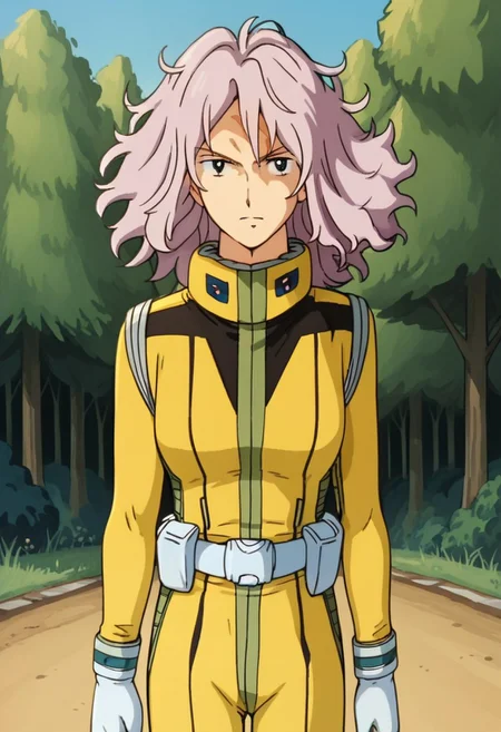 score_8, score_8_up, score_7_up, score_6_up, source_anime, retro artstyle, flat shading, flat color, 1970s \\(style\\)), vintage BREAK, 1girl, solo, female focus,, LAiden_CF, white hair, medium hair, messy hair, normal suit, pilot suit, yellow bodysuit, utility belt, white belt, white gloves, cowboy shot, looking at viewer, outdoors, forest, tree, trees, path