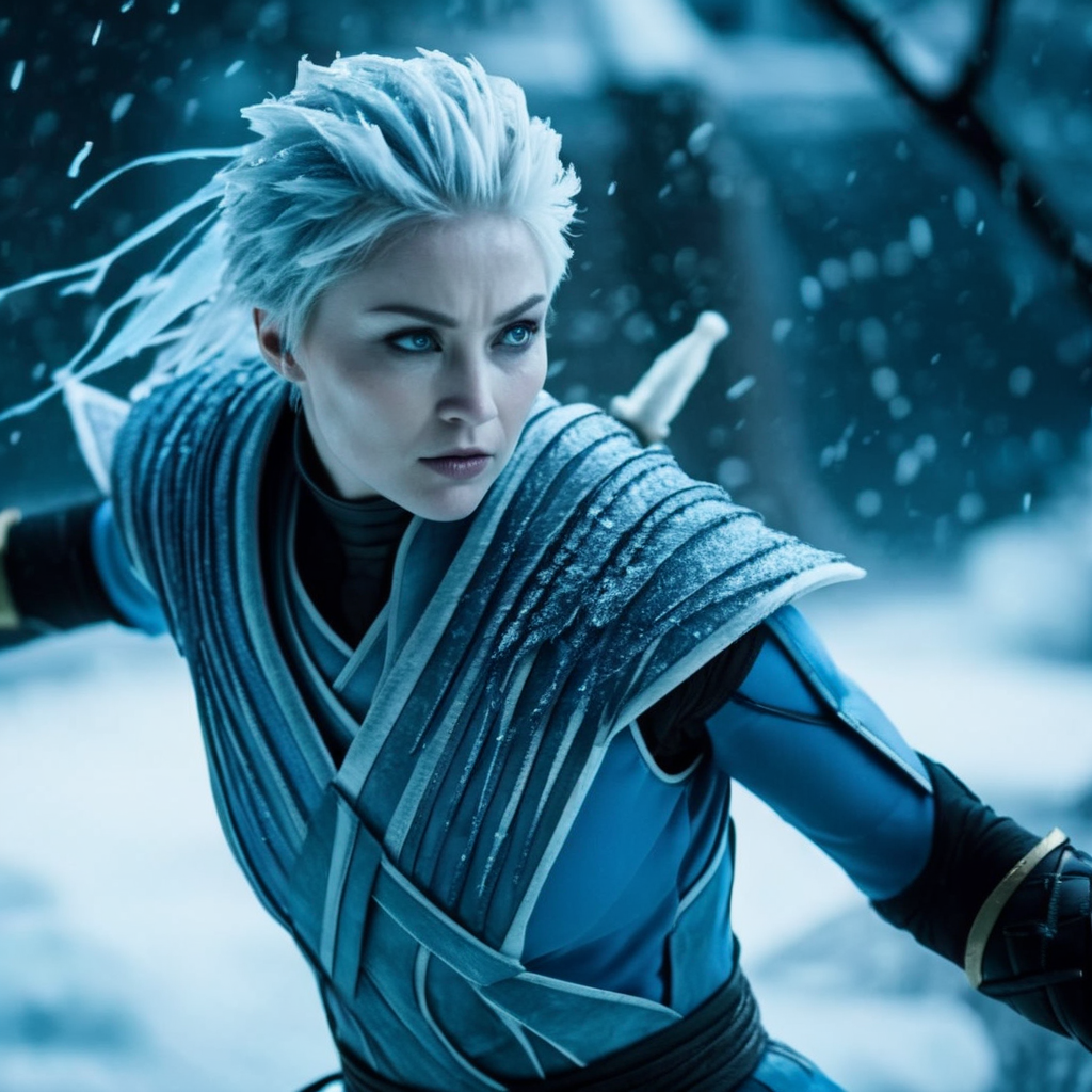 cinematic film still of  <lora:Frost Mortal Kombat:1>
Frost Mortal Kombat a pale white cold skin woman with an ice frost hair and frost eyes in a blue ninja outfit in a ice storm place with many swords, shallow depth of field, vignette, highly detailed, high budget, bokeh, cinemascope, moody, epic, gorgeous, film grain, grainy