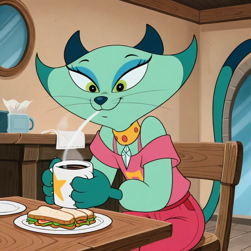 masterpiece, best quality, amazing quality, very aesthetic, high resolution, ultra-detailed, absurdres, newest, lonbluewolf BREAK 1girl, solo, c4tnip, anthro, furry female, cat ears, cat tail, blue eyeshadow, green fur, dark green fur, two-tone fur, light green eyes, dark green ears, whiskers, collar, gemstone, pink shirt, red pants, sitting, on chair, drinking coffee, coffee mug, napkin, napkin holder, chairs, tables, plate on table, sandwich on plate, indoors, living room