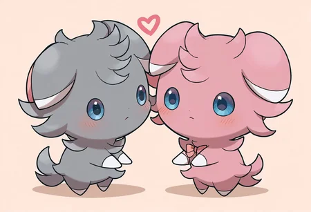 score_10, score_9_up, source_furry, rating_safe, espurr, two espurrs, cute, feral, pokemon \(species\), chibi, 1boy1girl, a couple, equal, a couple of espurrs, a shiny espurr and a normal espurr, espurrs with gray fur and pink fur, girl with pink fur, boy with gray fur, pink fur with bow, looking at another, eye contact