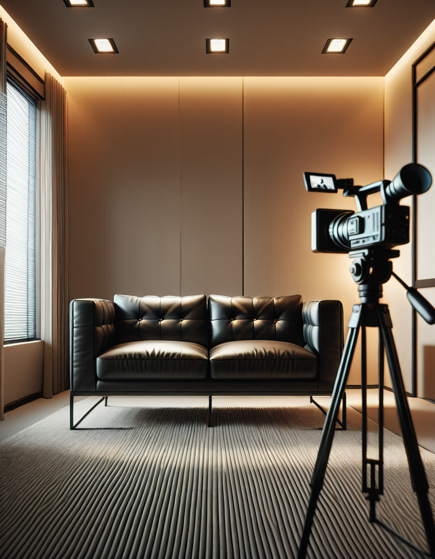 A high-quality, realistic photograph of a modern casting office interior featuring a simple black leather couch positioned against a plain white wall. The couch is sleek, clean, and minimalist in design, with smooth cushions and subtle stitching details. In front of the couch is a small, low wooden coffee table with a few neatly stacked magazines and a glass of water. To the side, there's a professional camera on a tripod aimed at the couch, with softbox lights set up to provide balanced, diffused lighting, eliminating harsh shadows. The floor is covered with light gray carpet, adding a soft texture to the scene. The atmosphere is quiet and neutral, resembling a professional interview space. The overall composition is centered and symmetrical, with a clear focus on the furniture and equipment. No people are present. The photograph has a natural daylight tone coming from an unseen window, giving a soft, ambient glow to the room.
<lora:SDXLFaeTastic2400:0.4> <lora:extremely_detailed:0.4> extremely detailed, <lora:C4st1ng_c0uch-i:1>,C4st1ng c0uch, Masterpiece,best quality,hi res,8k,hi res,8k,award winning,(sharp focus, intricate, highly detailed),