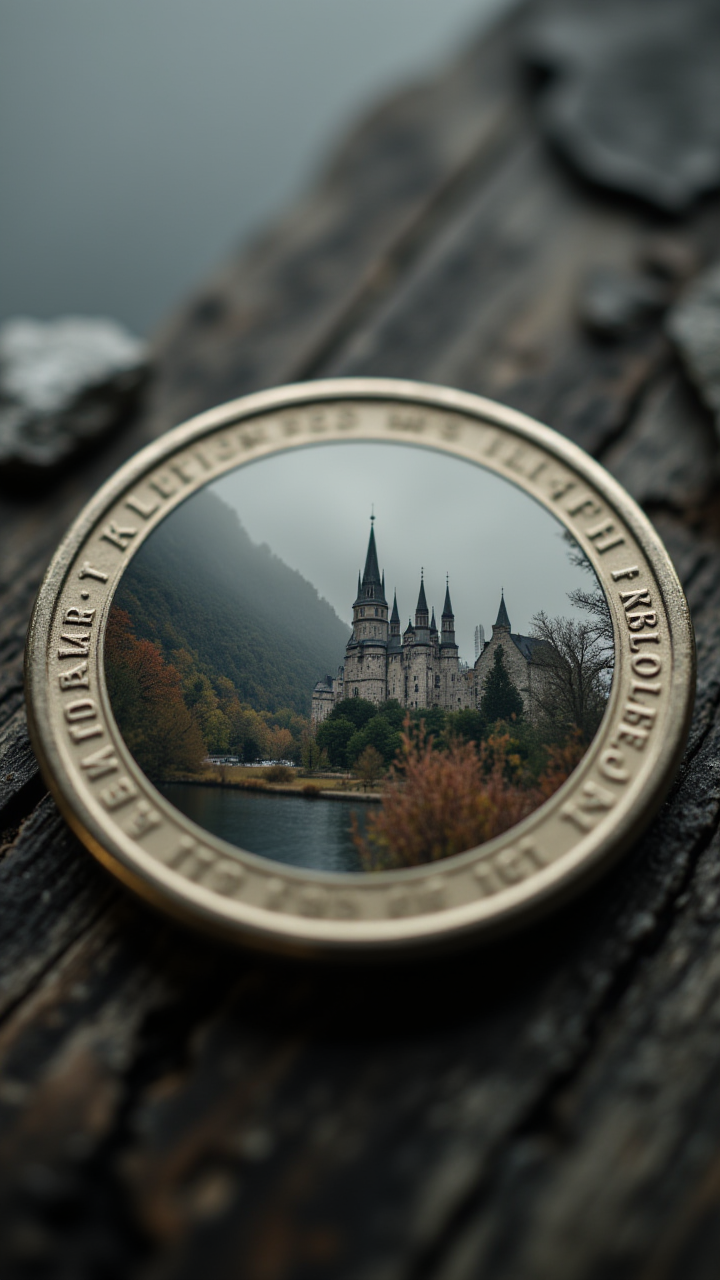 The surface of a coin, showing a distorted image of a distant medieval castle, half-hidden in the mist. , aidmaHyperrealism
