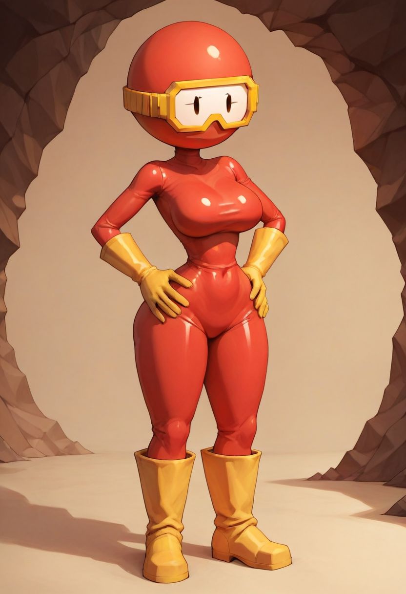 score_9, score_8_up, score_7_up, score_6_up, score_5_up, score_4_up, pooka, pooka, red body suit, yellow ski googles, yellow elbow gloves, yellow kneehigh boots 1girl, woman, female, solo, breasts, latex, skin tight, from front, white visor, cartoon eyes, pooka, hands on hips, round head, cave tunnel,
