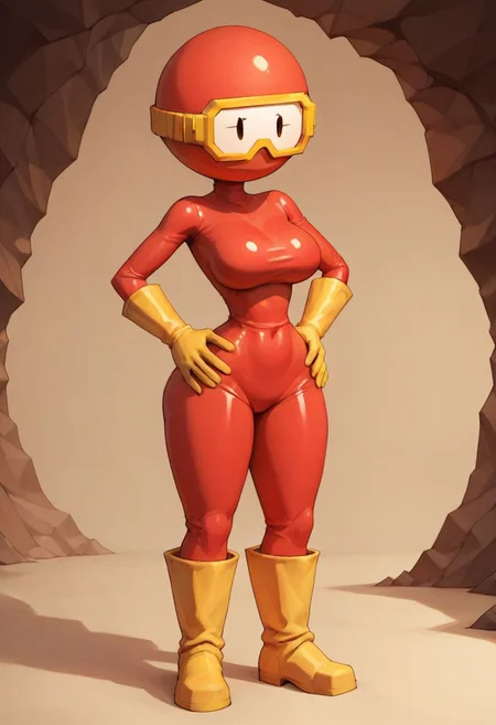 score_9, score_8_up, score_7_up, score_6_up, score_5_up, score_4_up, pooka, pooka, red body suit, yellow ski googles, yellow elbow gloves, yellow kneehigh boots 1girl, woman, female, solo, breasts, latex, skin tight, from front, white visor, cartoon eyes, pooka, hands on hips, round head, cave tunnel,