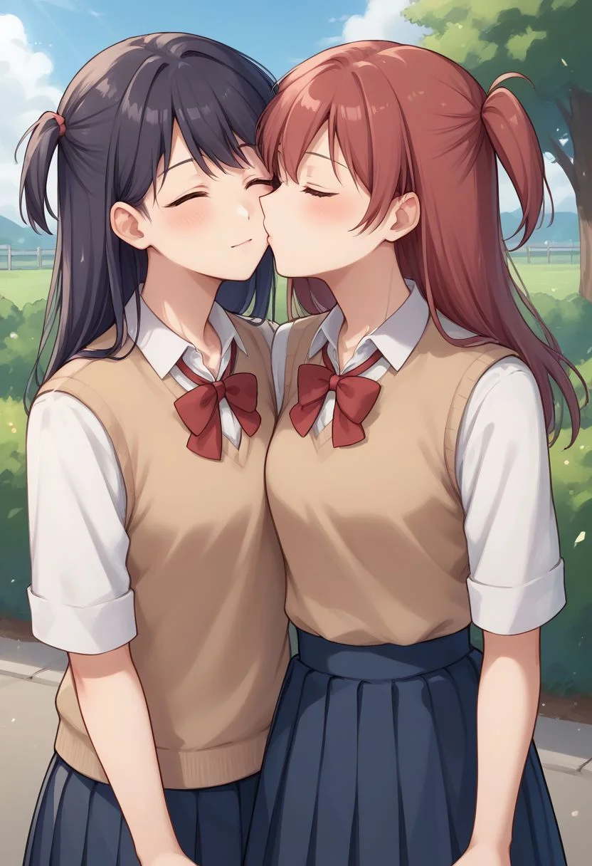 score_9, score_8_up, source_anime, highly detailed,
2girls, closed eyes, yuri, school uniform, one side up, kissing cheeck,
outdoor,