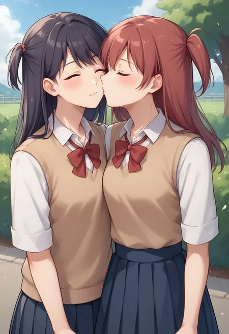 score_9, score_8_up, source_anime, highly detailed,
2girls, closed eyes, yuri, school uniform, one side up, kissing cheeck,
outdoor,