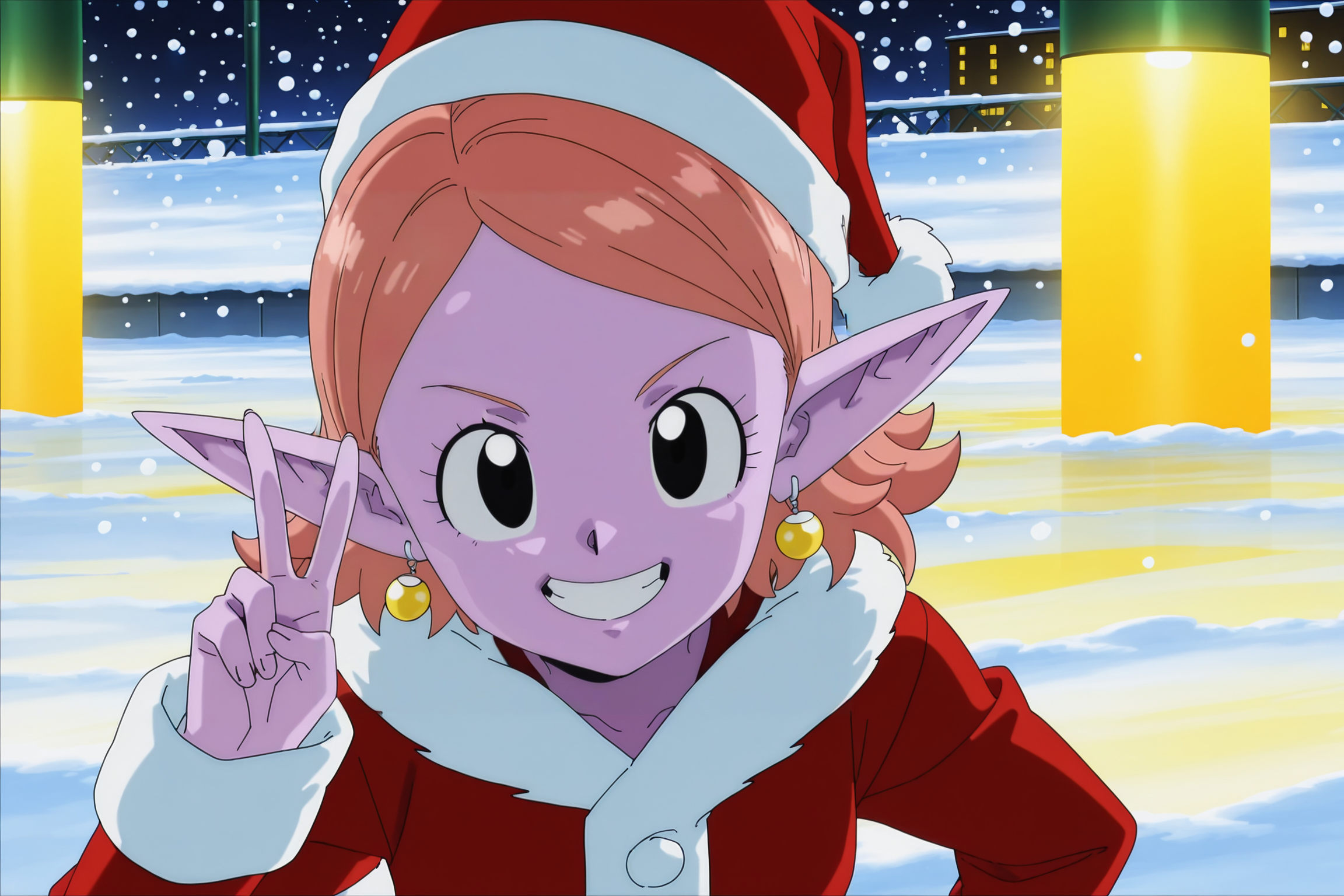 anime screencap, masterpiece, best quality, amazing quality, very aesthetic, absurdres,  newest, (scenery, volumetric lighting),
chronoa, potara earrings, short hair, orange hair, pointy ears, black eyes, colored skin, purple skin,
santa hat, santa costume, snow, fur trim, outdoors, snowing, upper body, v, grin, teeth, looking at viewer, 
<lora:Chronoa_IL:0.8>
