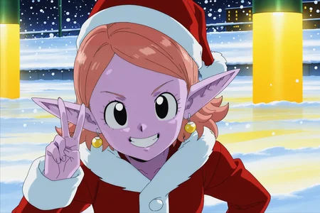 anime screencap, masterpiece, best quality, amazing quality, very aesthetic, absurdres, newest, (scenery, volumetric lighting),
chronoa, potara earrings, short hair, orange hair, pointy ears, black eyes, colored skin, purple skin,
santa hat, santa costume, snow, fur trim, outdoors, snowing, upper body, v, grin, teeth, looking at viewer,
<lora:Chronoa_IL:0.8>
