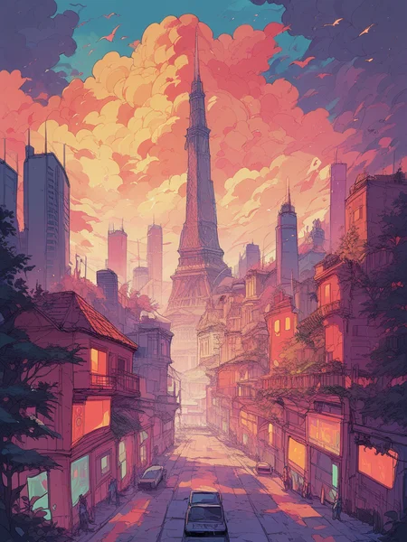 score_9, score_8_up, score_7_up, score_6_up, <lora:D4rC0mXLP:1> D4rC0m, 1girl, city, clouds, vibrant, pink, orange, blue