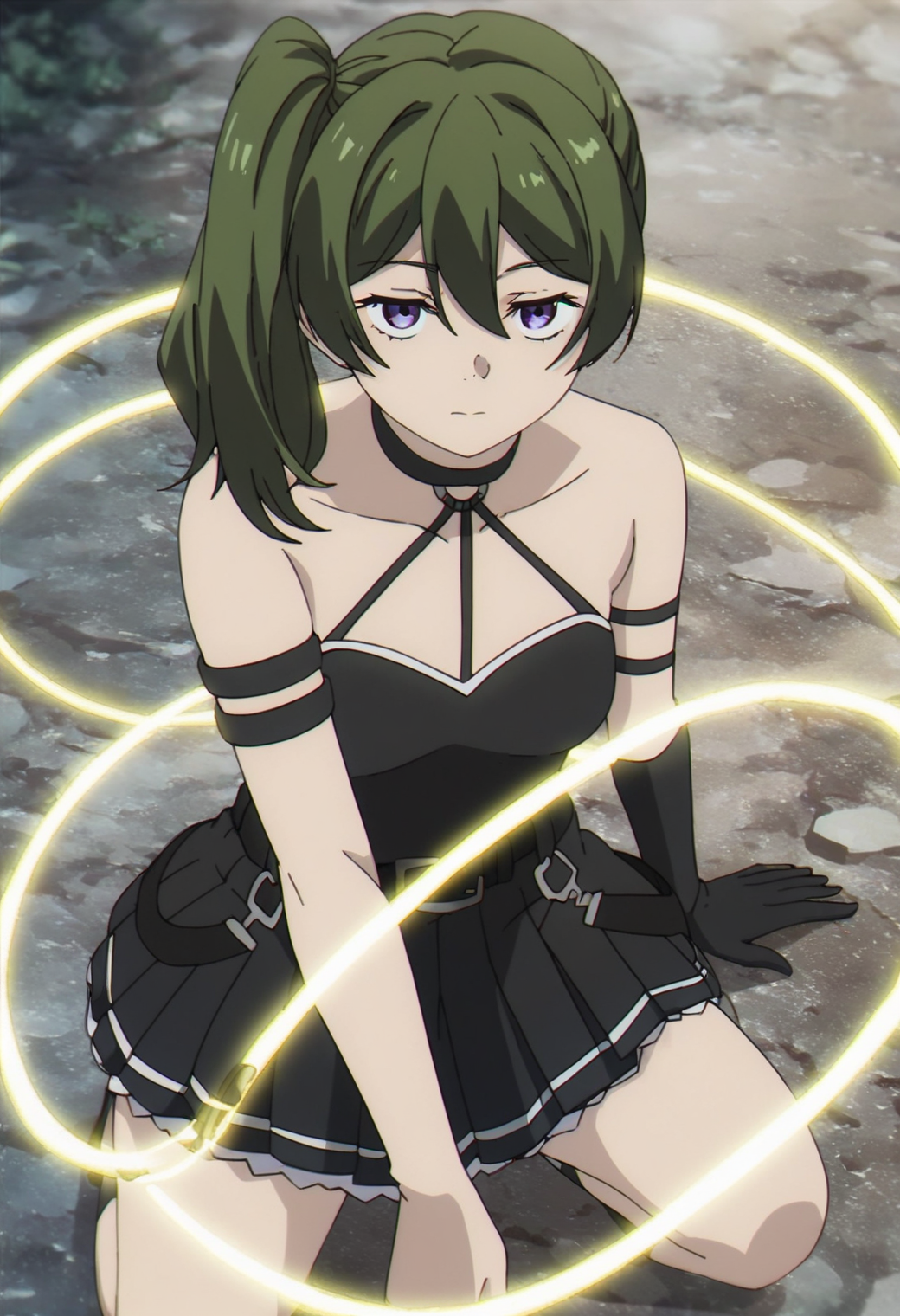 1girl, ubel, <lora:ubel_ponyxl_v1:0.9>, solo, green hair, side ponytail, purple eyes, BREAK
halterneck, black choker, armlet, arm strap, bare shoulders, black gloves, single glove, black dress, sleeveless dress, pleated dress, black belt, calflet, BREAK
full body, kneeling, bound by spell, glowing rings, BREAK
score_9, score_8_up, score_7_up, score_6_up, anime, (high quality, detailed, beautiful), shiny, detailed beautiful eyes, outstanding, countershading, detailed soft lighting