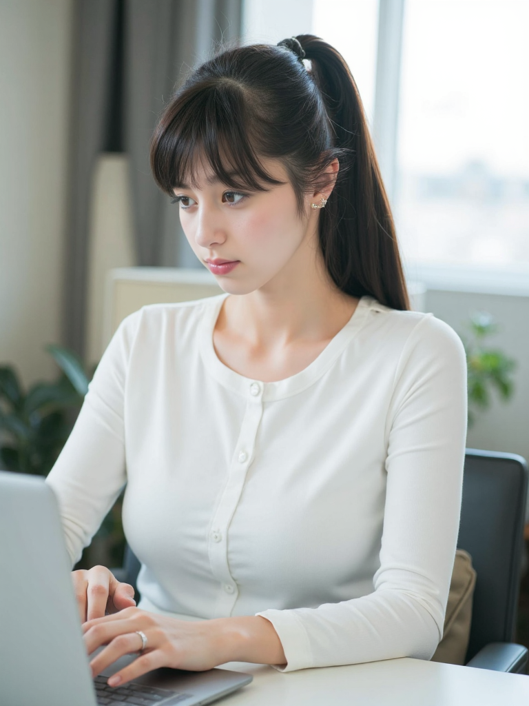 There are wonderful studio lights and various reflections,
18yo beautiful cute girl with blushing and female orgasm.skin naturally showing the texture of blood vessels and detailed pale skin,
--,
<lora:Nakajo_Ayami_f1:1>,she is Nakajo Ayami, --,This image depicts a young woman sitting at a table, focused on operating a laptop. She has long hair tied in a ponytail and is wearing a fitted white shirt that accentuates her bust, presenting a professional and capable image. The shirt's design is simple yet elegant, highlighting her professional demeanor and full bosom. The woman's hands are naturally placed on the keyboard, indicating that she is engaged in some work or study activity, and her posture reflects her concentration, giving a positive and upward impression. The desktop environment is relatively minimalistic, with almost no other clutter besides the laptop, showcasing a tidy and organized workspace that reduces visual distractions and helps her focus better.The use of light is also well-considered, with soft natural light streaming in through the window, creating a warm and comfortable working atmosphere that makes the entire scene more vibrant. This lighting adds a touch of ease to her work, possibly in a home or modern office setting. Overall, this image effectively conveys the image of a modern professional woman, reflecting her focus, professionalism, and confidence in her work, and showcasing the positive attitude and independent spirit of contemporary women in the workplace.