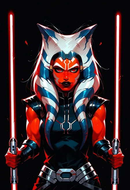 score_9, score_8_up, score_7_up, score_6_up, score_5_up, score_4_up, pinup pose, r3dgl0w, red eyes, black background, 1girl, darkside, empress,  ahsoka tano, AhsS7, sexy, skimpy clothing, showing lots of skin, horny, sith, slut, lightsaber pose, suggestive pose, dynamic pose, moonlight, perfect female waist, zzLightSaber,