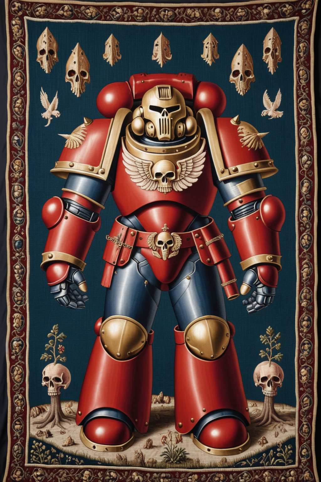 a space marine in power armor, red, a little bit of magic, medieval tapestry style, hyper realism, 1600s, ultra detailed, intricate detail, silk thread, wool thread, metal thread, visible stitching, complex background, <lora:Wolvie_Concept_Tapestry_SDXL_v1.2:1>