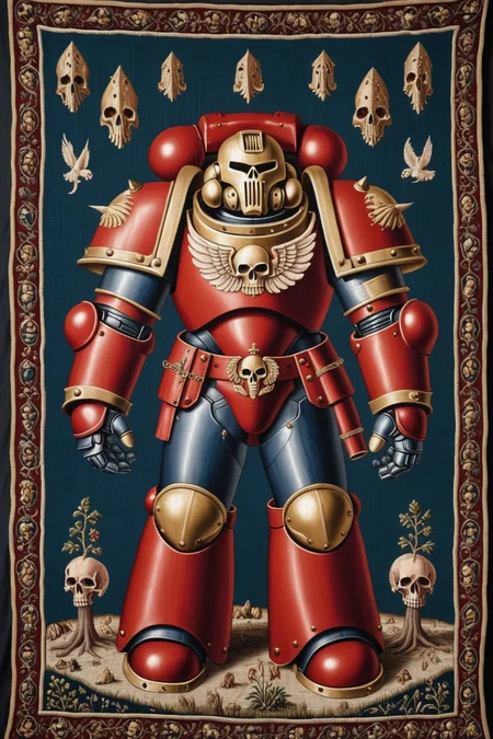 a space marine in power armor, red, a little bit of magic, medieval tapestry style, hyper realism, 1600s, ultra detailed, intricate detail, silk thread, wool thread, metal thread, visible stitching, complex background, <lora:Wolvie_Concept_Tapestry_SDXL_v1.2:1>