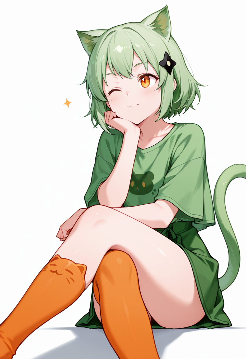 masterpiece,high quality details, absurdres, 
sitting pose, legs crossed, one hand resting on chin, playful smile, relaxed shoulders,  ,
 <lora:Mao_Kusagakure:0.8>
mao_cnr, 1girl, green hair, short hair,orange eyes, cat ears,cat tail,hair ornament,, ;<,, simple background, white background, dynamic angle,solo,, t-shirt,poncho   ,high-waist skirt,  ,bear band legwear,