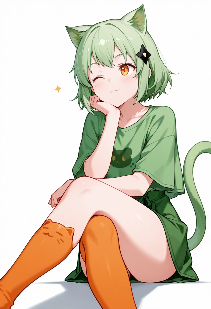 masterpiece,high quality details, absurdres, 
sitting pose, legs crossed, one hand resting on chin, playful smile, relaxed shoulders,  ,
 <lora:Mao_Kusagakure:0.8>
mao_cnr, 1girl, green hair, short hair,orange eyes, cat ears,cat tail,hair ornament,, ;<,, simple background, white background, dynamic angle,solo,, t-shirt,poncho   ,high-waist skirt,  ,bear band legwear,