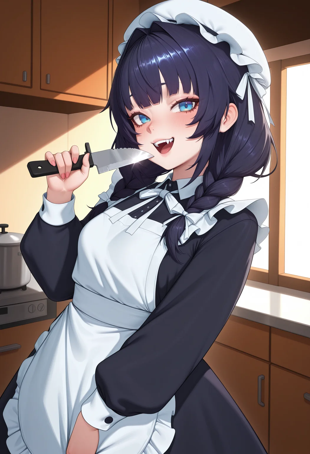<lora:b0akm_mix-000010:1>,B0AKM_MIX, masterpiece, absurdres,amazing quality, best quality, extremely detailed, 1girl,apron,black dress,black hair,blue eyes,braid,dress,fangs,gaecho 123,hair intakes,hair ribbon,hat,holding,holding knife,kitchen knife,knife,long hair,low twin braids,maid apron,mob cap,official alternate costume,official alternate hairstyle,open mouth,pocket watch,ribbon,solo,teeth,twin braids,upper teeth only,virtual youtuber,watch,white apron,white ribbon