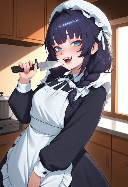 <lora:b0akm_mix-000010:1>,B0AKM_MIX, masterpiece, absurdres,amazing quality, best quality, extremely detailed, 1girl,apron,black dress,black hair,blue eyes,braid,dress,fangs,gaecho 123,hair intakes,hair ribbon,hat,holding,holding knife,kitchen knife,knife,long hair,low twin braids,maid apron,mob cap,official alternate costume,official alternate hairstyle,open mouth,pocket watch,ribbon,solo,teeth,twin braids,upper teeth only,virtual youtuber,watch,white apron,white ribbon