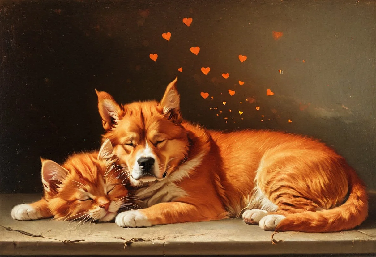 1dog, 1canine, (((big dog))), st. bernhard, no humans,
BREAK, 4cats, 4feline, (((kittens))), (((little orange kittens))),
BREAK, (((sleeping))),
BREAK, (((terrace))), (((summer))),
BREAK, AH_Tiepolo, (((floating heart effect)))