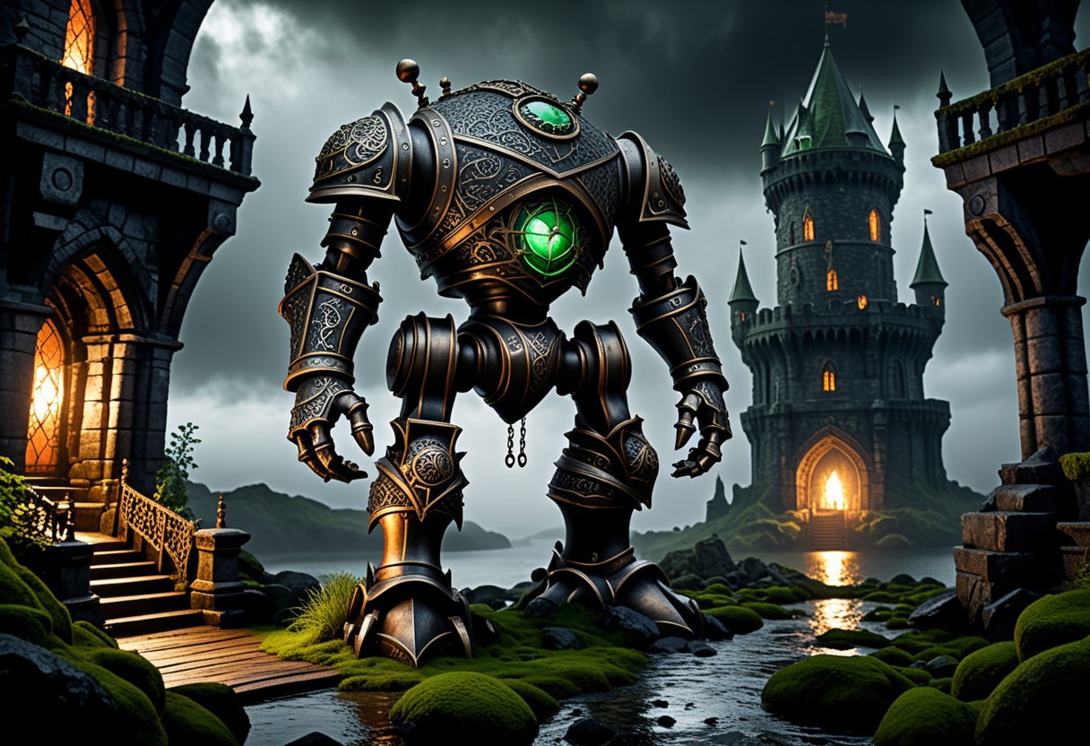 giant bipedal robot dirty dark silver and dark green, bronze paisley robot. lacy robot metal kettle head. outside of a steampunk keep. large detailed torso. dark image. one forty foot tall ancient robot with great arms and two heavy spring legs. dark foggy night background. $dark foggy night image only. dark photo realistic image. steampunk details. cogs, chains and pipes incorporated in the fantasy buildings. magic wizards tower in background. Dark swamp, moss, castle ruins, wizards tower. stormy dark night.  stormy sky.