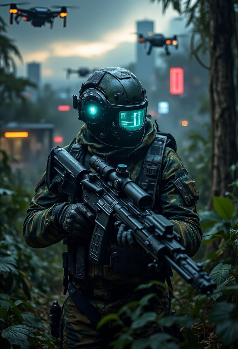 Dark and moody yfg-daak, A futuristic sci-fi sniper concealed in advanced adaptive camouflage, blending seamlessly with the high-tech jungle environment. The sniper wears a sleek, armored stealth suit equipped with active camouflage technology that mimics the surroundings in real time. The helmet features an advanced HUD with glowing holographic data overlays and an integrated AI-assisted targeting system. The sniper rifle is a high-tech, railgun-style precision weapon with a sleek metallic design, glowing energy conduits, and a digital scope displaying augmented reality targeting information. The environment is a dense, cyber-enhanced forest with bioluminescent foliage, hovering drones scouting the area, and distant neon-lit cityscapes in the background. The atmosphere is tense and immersive, with soft ambient lighting, mist rolling through the underbrush, and subtle energy distortions from the sniperâs cloaking field. The art style is hyper-realistic with cinematic depth of field and dramatic lighting, evoking themes of high-tech warfare and futuristic stealth operations.