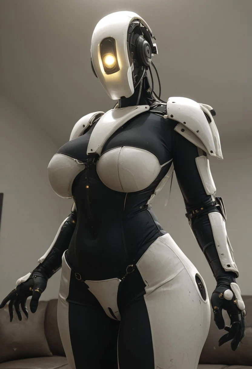 rating_explicit,, 1girl, (Anthro_Glados),Glados, clothes, massive breasts, big ass, living room, posing, (((front view))), horny, teasing viewer, covered breasts, , (ass), hand slaping ass, posing, parted lips, close up, stand up, robot, one eye, glowing eye, white armor, wearing helmet
