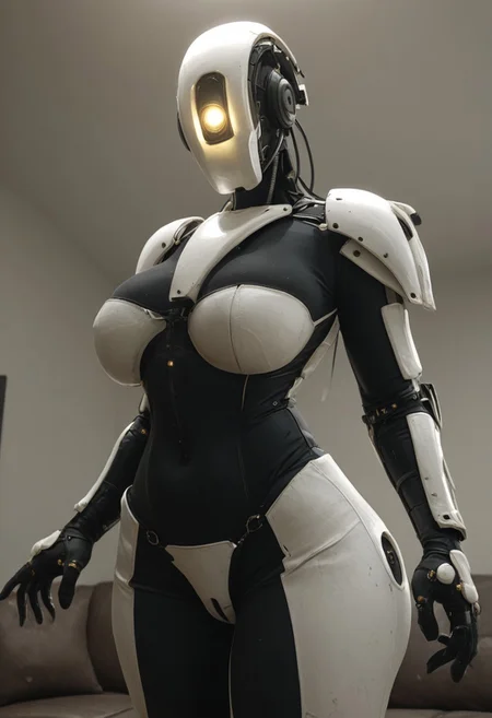 rating_explicit,, 1girl, (Anthro_Glados),Glados, clothes, massive breasts, big ass, living room, posing, (((front view))), horny, teasing viewer, covered breasts, , (ass), hand slaping ass, posing, parted lips, close up, stand up, robot, one eye, glowing eye, white armor, wearing helmet