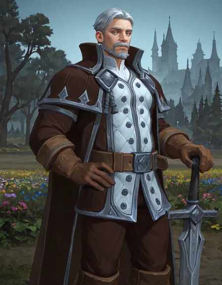 masterpiece, best quality, newest, detailed background, intricate details, male focus, realistic, solo, <lora:World of Warcraft - Genn Greymane - Illustrious-000005:0.7>, genn_g, 1boy, mature male, grey hair, very short hair, mustache, beard, blue eyes, brown overcoat, white jacket, white shirt, brown gloves, brown belt, brown pants, brown boots, outdoors, kingdom, houses, trees, , flowers, colorful plants, sword in ground, hand on sword hilt, looking at viewer, hand on own hip