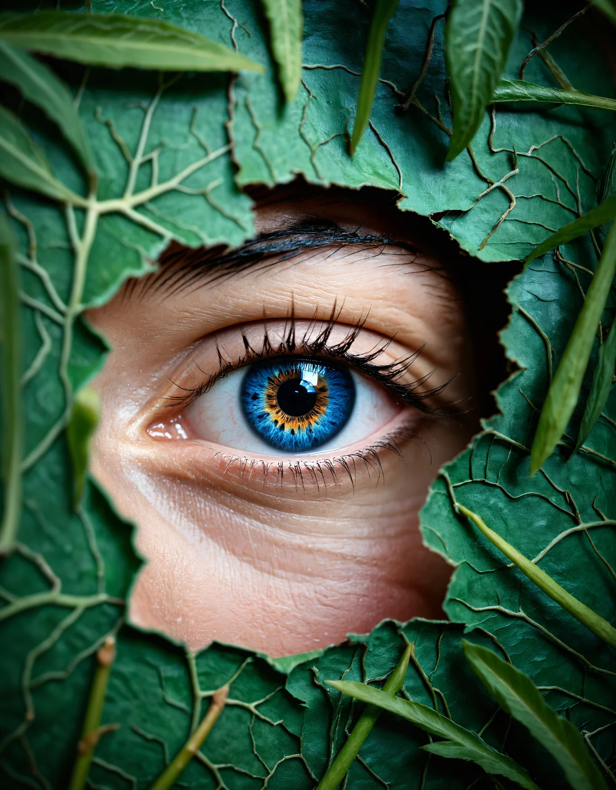 zavy-hlbckdrp, macro shot of an eye looking through a hole in blue foreground wallpaper, green eyes, blue wallpaper, 100mm f/2.8 macro lens, closed mouth, smile,