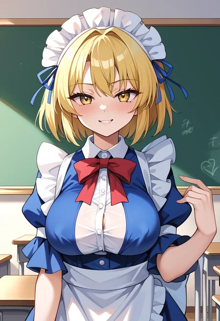 score_9_up, score_8_up, score_7_up, BREAK source_anime, (masterpiece), (best quality), (explict), 1girl, mugetsu, maid headdress with blue ribbon, yellow eyes, bow, maid, blonde hair, red ribbon, short hair, puffy sleeves, apron, blue dress, covered nipples, round breasts, looking at viewer, classroom, smug face, masterpiece, best quality, newest, absurdres, highres, intricate detailed, <lora:mugetsu(touhou)-V1:0.95>