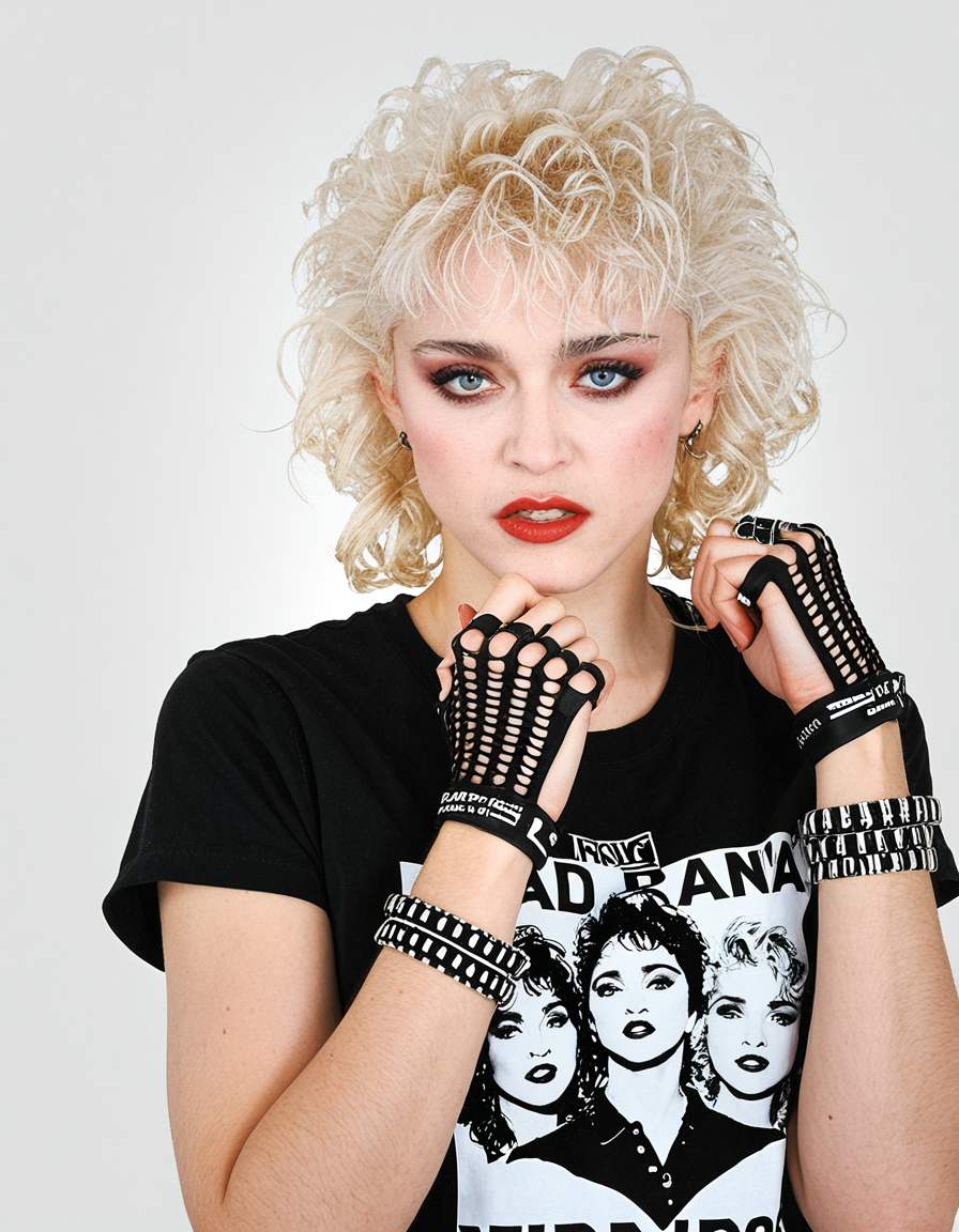 Madonna a woman with short messy platinum bond curls and bangs, blush, dark eyebrown, dark eyeliner and mascara, blue eyes,  and red lipstick  wearing a black t-shirt and gloves, punk bracelet, against a white background. 