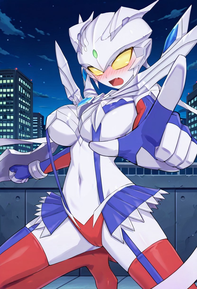 official art, detailed anime, ultra detailed anime art, anime screencap, screencap, score 9, score 8 up, score 7 up, masterpiece, anime coloring, source anime, 
BREAK
UltraGirlZero, 1girl, solo, large breasts, helmet, glowing eyes, yellow eyes, no pupils, yellow sclera, green jewel forehead, thighhighs, navel, genderswap \(mtf\), tokusatsu, alien, visible fang, colored skin, silver skin, metallic skin, red and blue elbow gloves, chest armor, revealing clothes, blue suspenders, underboob, ((covered nipples:0.9)), navel, toned belly, micro skirt, blue garter straps, red mini panties, cameltoe, blue and red thigh-high boots, high heels, weapon at right arm, very long metallic ribbons at shoulders,
BREAK
cowboy shot, standing, raised feet, fighting stance, pointing at viewer, angry, open mouth, blush, dynamic pose, city, night, rooftop, detailed background,