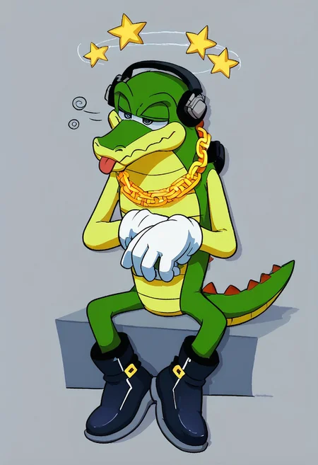 score_9, score_8_up, (rating_safe), anthro, solo, (circling stars, star (symbol), [:dizzy-eyes:0.3],  [:@_@:0.4]), Vector the crocodile, headphones, gold chain necklace, white gloves, black boots, sitting, eyes fluttering, sleepy, dazed, stumbling, heavy lidded eyes, sleepy eyes, dizzy, tongue out, tongue hanging out,