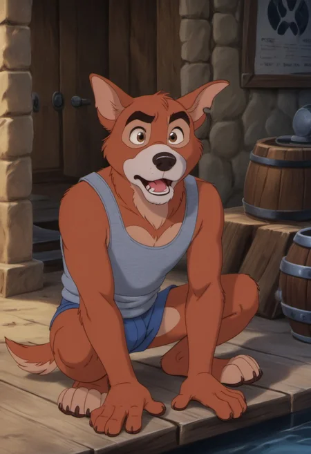 score_9, score_8_up, score_7_up, score_6_up, score_5_up, score_4_up, photorealistic, detailed eyes, detailed face, BlckSd-Style, blacksad, solo, 1 boy, D0n_K1, Don Karnage, Talespin, Disney, anthro canine, cartoon canine, orange fur, tail, white snout, tan eye markings, tan toes, tan inner-ears, dog ears, tan tail-tip, dog ears, notched ear, scared-left ear, thick eyebrows, black eyebrows, thick neck, shortstack, muscular, white sclera, black eyes,
