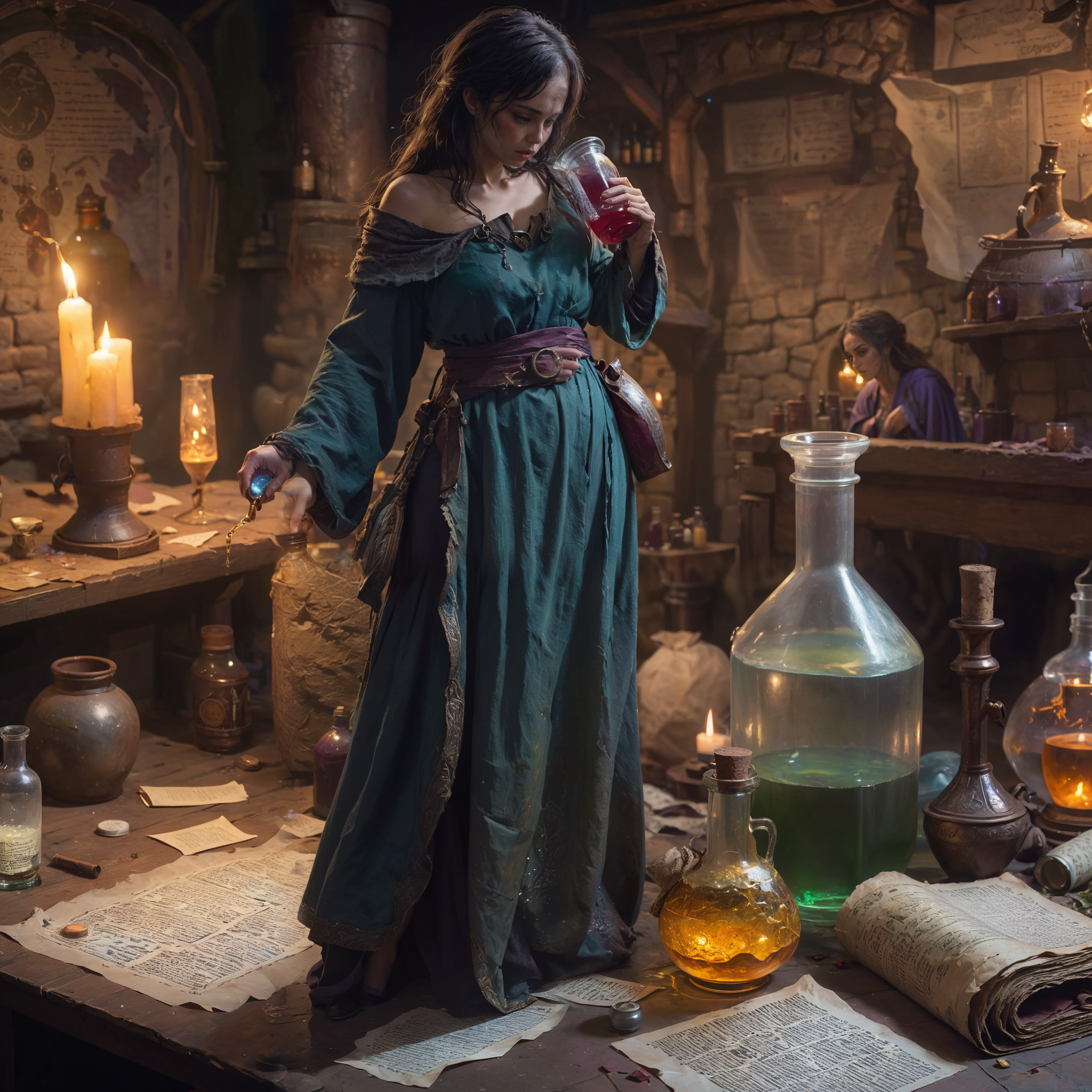 ((dirty)), highly detailed person, (shrunken:1.2,miniature:1.2), tiny 30 year old woman,  (very loose oversized baggy clothes), fantasy adventures party, broken cloth, dungeon, close-up, [woman drinking giant potion bottle],  woman next to magical paper scroll, woman next to potions bottle, UHD 8k wallpaper,  <lora:shrunk_v1_xl:0.1>